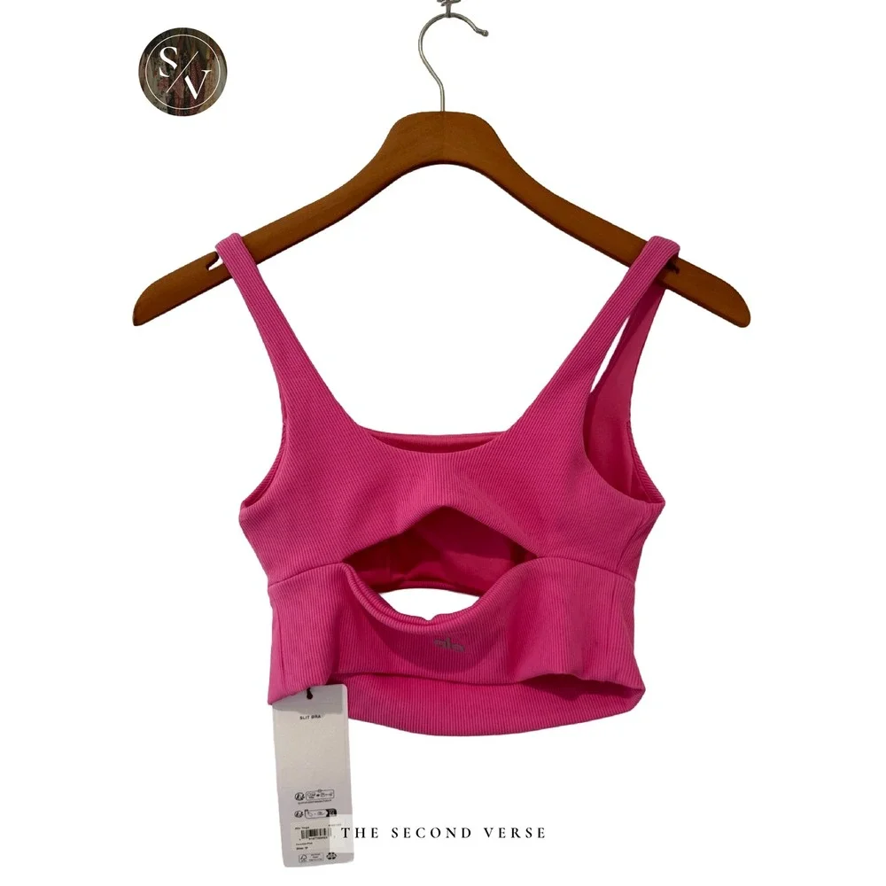 Alo Yoga Slit Bra Paradise Pink Ribbed Cutout Sports Bra W9218R Size Medium